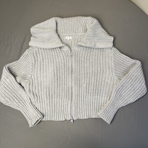 Aerie Double Zip Size Medium Gray Cropped Cardigan Loose Fit Chunky Knit Sweater - Picture 3 of 8
